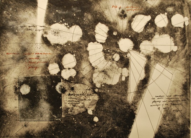 Titan North Polar SAR map - monotype, chine colle, quill pen, 50x36cm